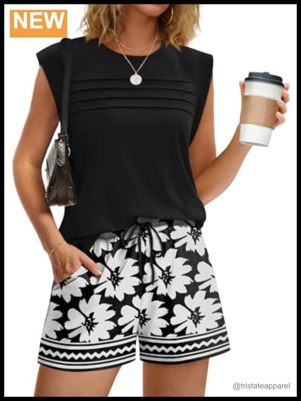 Women's Two Piece Short Set Sleeveless Top Drawstring Shorts Polyester Rayon